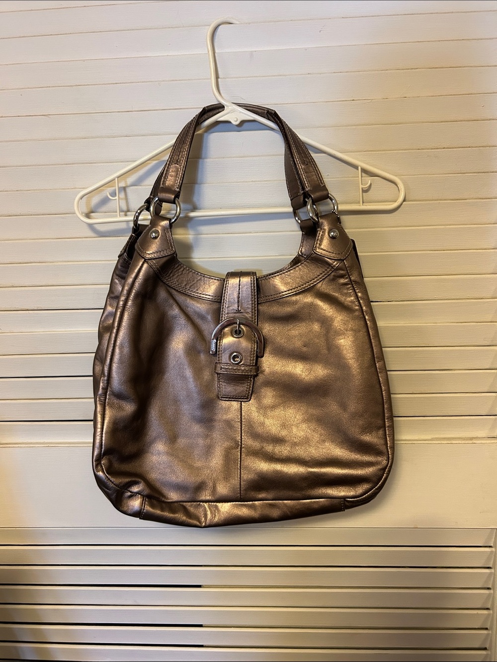 Coach Bronze Leather Hobo style Shoulder Bag with Buckle Closure